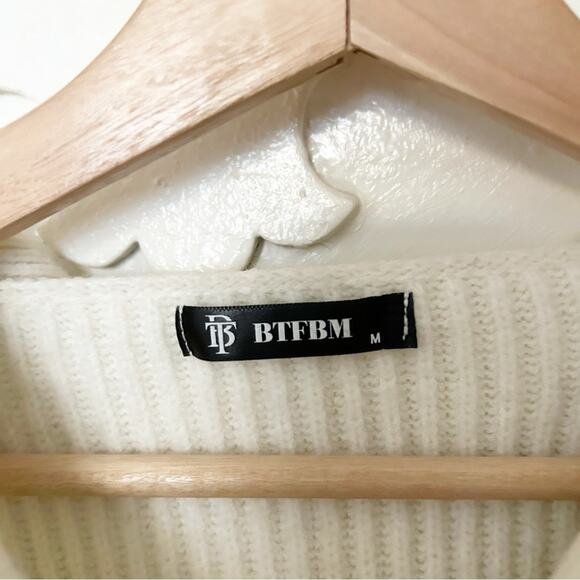 BTFBM Ribbed Knit Sweater Pullover Collared Long Sleeve Ivory Size M Medium - Picture 3 of 5